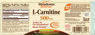 Photo of the Sundown Naturals L-Carnitine 500 mg label