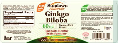 Photo of the Sundown Naturals Ginkgo Biloba Plus 60 mg label