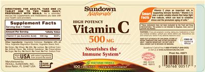 Photo of the Sundown Naturals High Potency Vitamin C 500 mg label