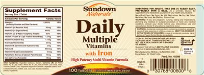 Photo of the Sundown Naturals Daily Multiple Vitamins With Iron label