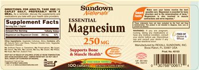 Photo of the Sundown Naturals Essential Magnesium 250 mg label