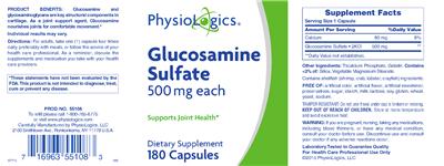 Photo of the PhysioLogics Glucosamine Sulfate 500 mg label