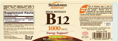 Photo of the Sundown Naturals High Potency B12 1000 mcg label