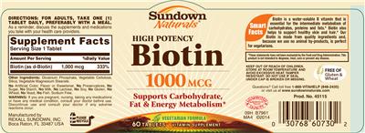 Photo of the Sundown Naturals High Potency Biotin 1000 mcg label