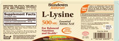 Photo of the Sundown Naturals L-Lysine 500 mg label
