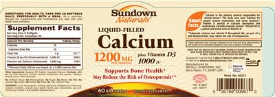 Photo of the Sundown Naturals Liquid-Filled Calcium Plus Vitamin D3 1000 IU label