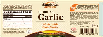 Photo of the Sundown Naturals Odorless Garlic label