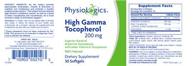 Photo of the PhysioLogics High Gamma Tocopherol 200 mg label