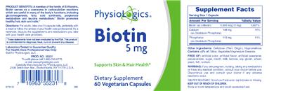 Photo of the PhysioLogics Biotin 5 mg label