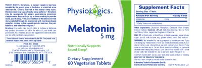 Photo of the PhysioLogics Melatonin 5 mg label