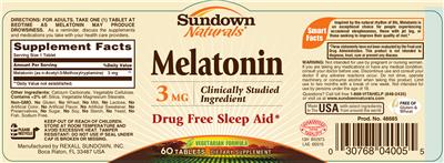Photo of the Sundown Naturals Melatonin 3 mg label