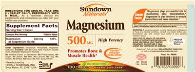 Photo of the Sundown Naturals Magnesium 500 mg label