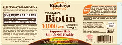 Photo of the Sundown Naturals Vegetarian Biotin 10,000 mcg label