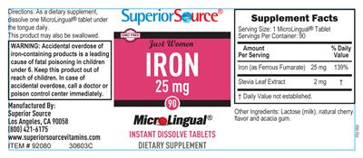 Photo of the Superior Source Just Women Iron 25 mg label