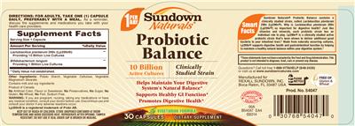Photo of the Sundown Naturals Probiotic Balance label