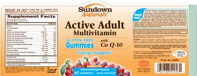 Photo of the Sundown Naturals Active Adult Multivitamin Gummies with Co Q-10 label
