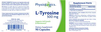 Photo of the PhysioLogics L-Tyrosine 500 mg label