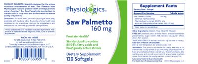 Photo of the PhysioLogics Saw Palmetto 160 mg label