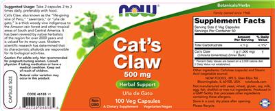 Photo of the NOW Cat's Claw 500 mg label