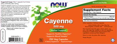 Photo of the NOW Cayenne 500 mg label