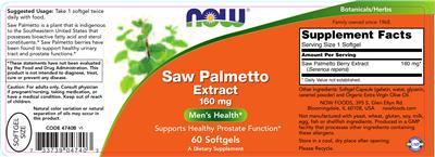 Photo of the NOW Saw Palmetto Extract 160 mg label
