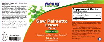 Photo of the NOW Saw Palmetto Extract 160 mg label