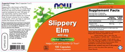 Photo of the NOW Slippery Elm 400 mg label