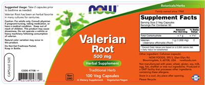Photo of the NOW Valerian Root 500 mg label