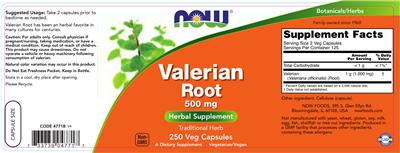 Photo of the NOW Valerian Root 500 mg label