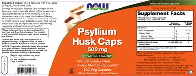 Photo of the NOW Psyllium Husk Caps 500 mg label