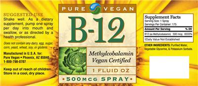 Photo of the Pure Vegan B-12 500 mcg Spray label