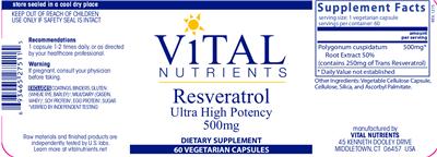 Photo of the Vital Nutrients Resveratrol Ultra High Potency 500 mg label