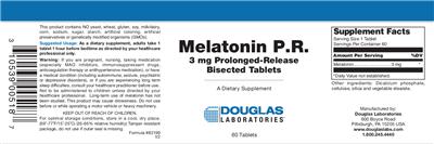 Photo of the Douglas Laboratories Melatonin P.R. 3 mg Prolonged-Release Bisected Tablets label