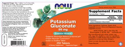 Photo of the NOW Potassium Gluconate 99 mg label