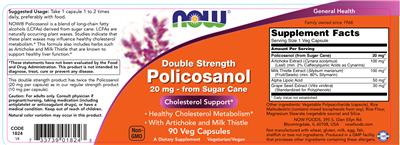 Photo of the NOW Double Strength Policosanol 20 mg label