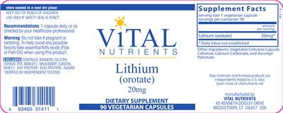 Photo of the Vital Nutrients Lithium (Orotate) 20 mg label