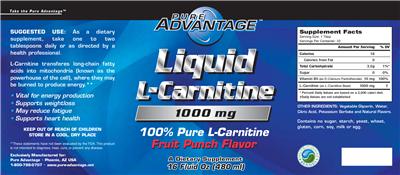 Photo of the Pure Advantage Liquid L-Carnitine 1000 mg Fruit Punch Flavor label