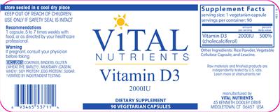Photo of the Vital Nutrients Vitamin D3 2000 IU label