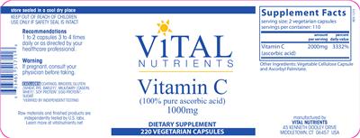 Photo of the Vital Nutrients Vitamin C 1000 mg label