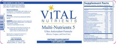 Photo of the Vital Nutrients Multi-Nutrients 5 (Boron, Copper, and Iron Free) label