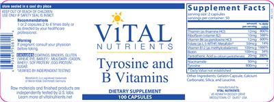 Photo of the Vital Nutrients Tyrosine and B Vitamins label