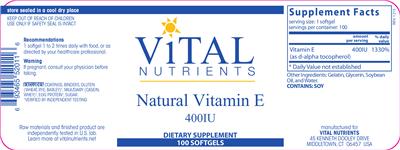 Photo of the Vital Nutrients Natural Vitamin E 400 IU label