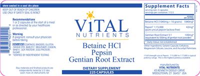 Photo of the Vital Nutrients Betaine HCl Pepsin Gentian Root Extract label
