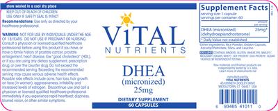 Photo of the Vital Nutrients DHEA (Micronized) 25 mg label