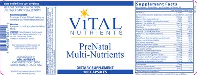 Photo of the Vital Nutrients PreNatal Multi-Nutrients label