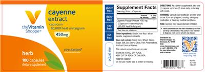 Photo of the The Vitamin Shoppe Cayenne Extract 450 mg label