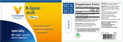 Photo of the The Vitamin Shoppe R-Lipoic Acid 210 mg label