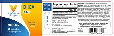 Photo of the The Vitamin Shoppe DHEA 50 mg label