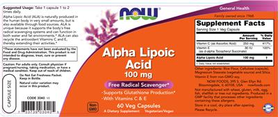 Photo of the NOW Alpha Lipoic Acid 100 mg label