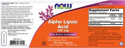 Photo of the NOW Alpha Lipoic Acid 100 mg label